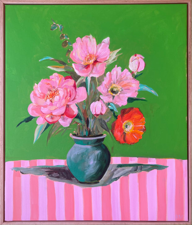 'Peonies & Poppies on pink stripes' Original Painting