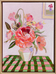 'Peonies on pink and green check'
