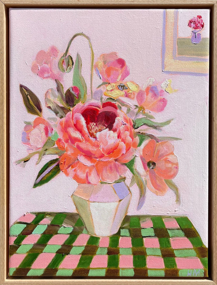 'Peonies on pink and green check'