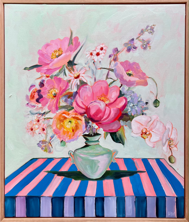 'Orchids, poppies, peonies and daisies on stripes'