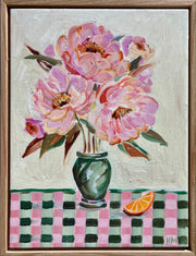 'Peonies on green and pink check'