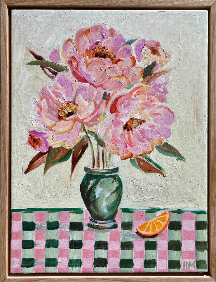 'Peonies on green and pink check'