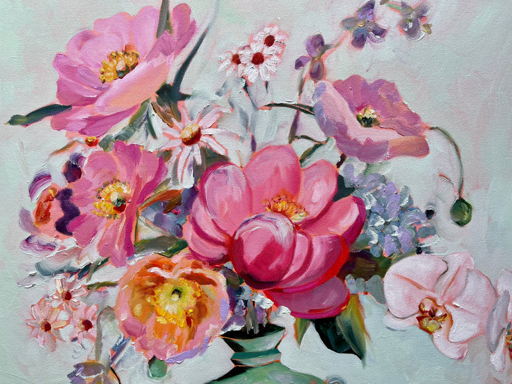'Orchids, poppies, peonies and daisies on stripes'