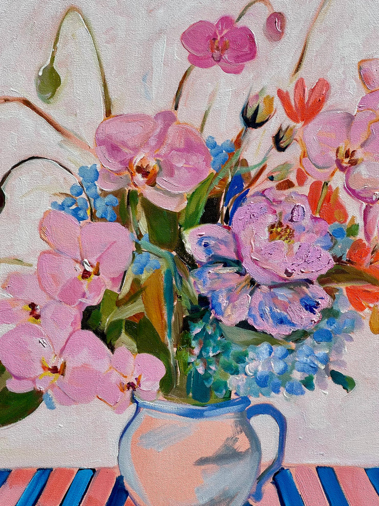 'Orchids and Oranges on stripes'