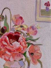 'Peonies on pink and green check'