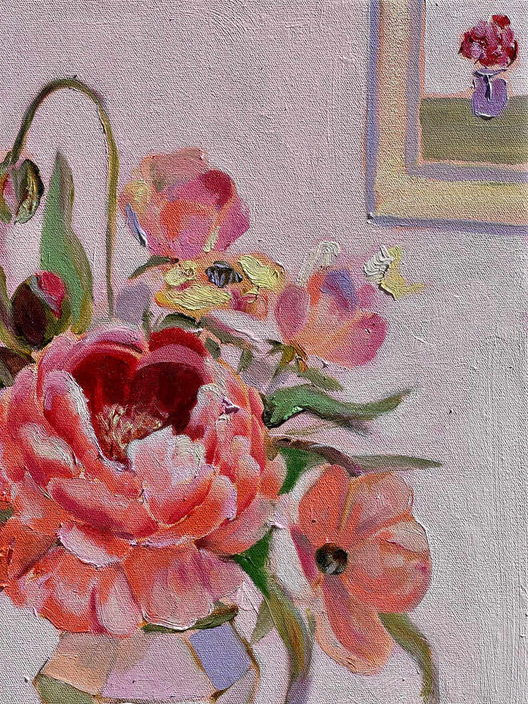 'Peonies on pink and green check'