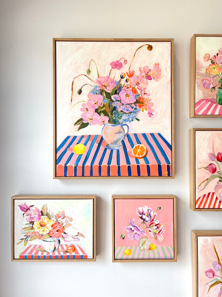 'Orchids and Oranges on stripes'