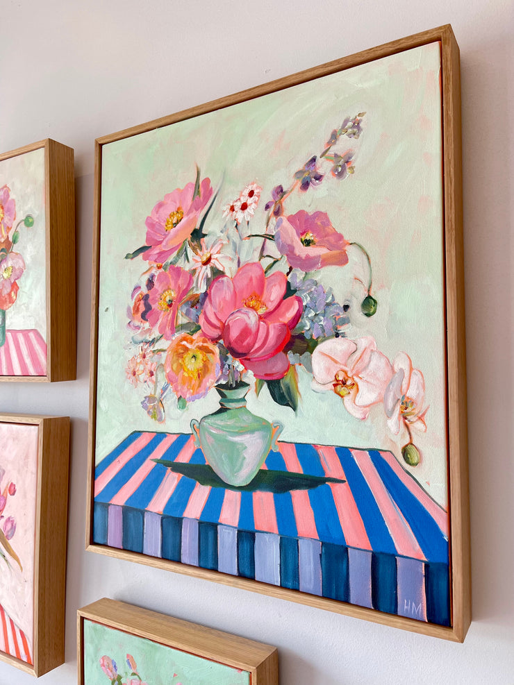 'Orchids, poppies, peonies and daisies on stripes'