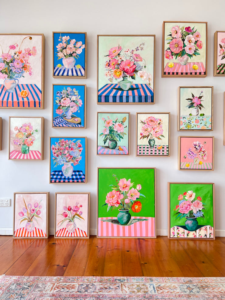 'Peonies on green and pink check'