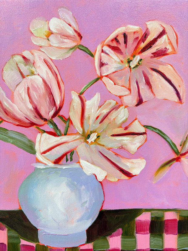 ‘Parrot Tulips on check' Original Painting