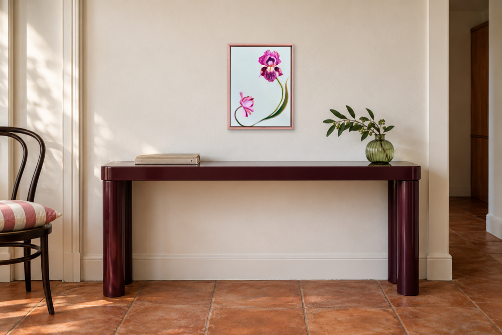 'A conversation IV' original painting by Helen McCullagh in a styled digital room image. Original artwork photograph preserved; listed size 43 × 33 cm. Illustrative room scale, not an actual installation photograph.