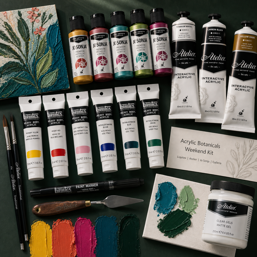 Acrylic Botanicals Weekend Kit with Atelier-style tubes, Jo Sonja-style bottles, Liquitex-style tubes, brushes and canvas