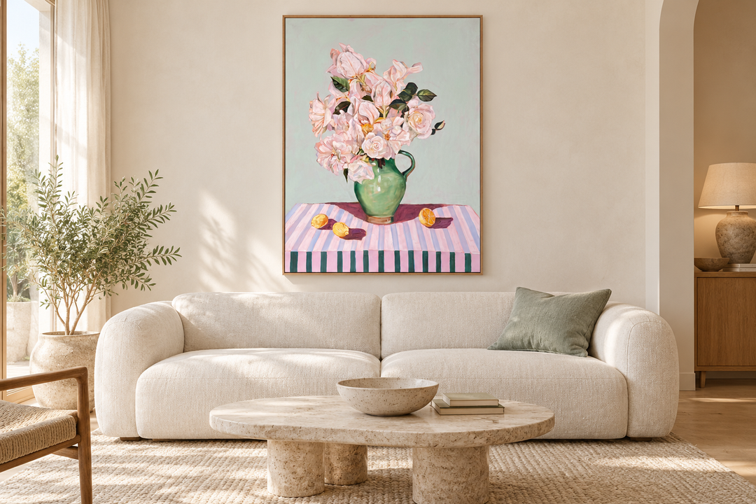 Birds of a feather by Helen McCullagh above an ivory sofa in an airy contemporary living room — AI-generated in situ styling mockup