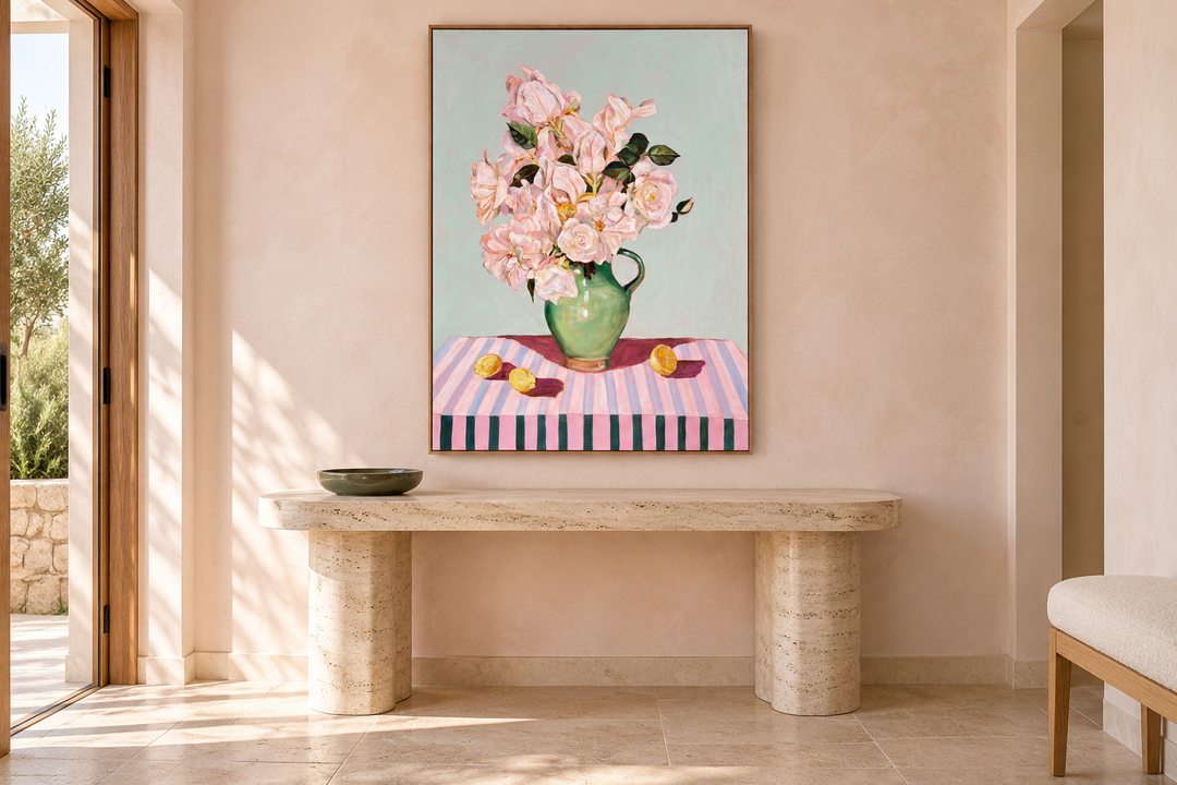 Birds of a feather by Helen McCullagh above a travertine console in a contemporary entryway — AI-generated in situ styling mockup