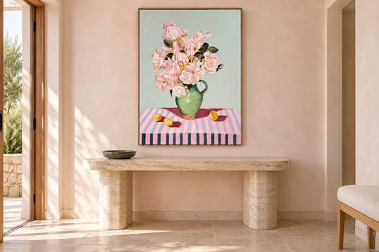 Birds of a feather by Helen McCullagh above a travertine console in a contemporary entryway — AI-generated in situ styling mockup