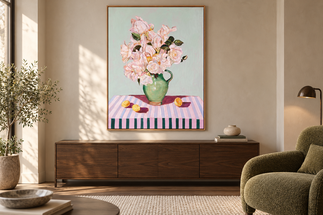 Birds of a feather by Helen McCullagh above a walnut sideboard with an olive lounge chair — AI-generated in situ styling mockup