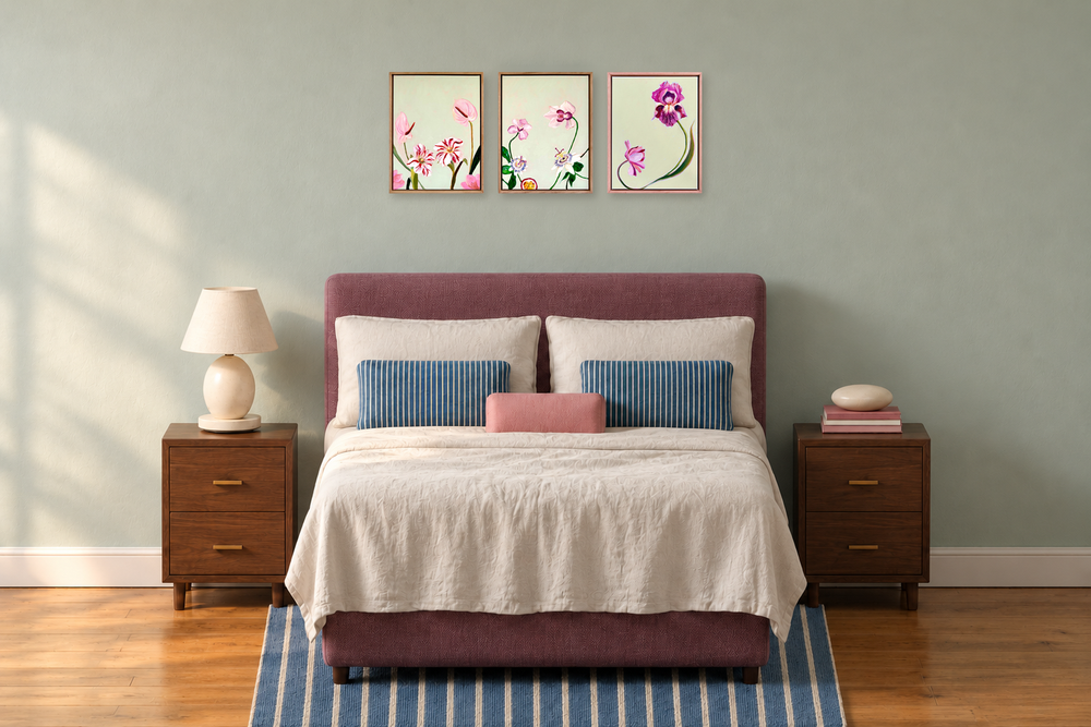 Styled digital room image showing Helen McCullagh's A conversation, A conversation II and A conversation IV, left to right, together above a queen bed. Each framed work measures 33 × 43 cm, with 5 cm gaps. Three separately sold paintings are shown for styling; each listing is for its named painting only. Rendered room setting, not an actual installation photograph.