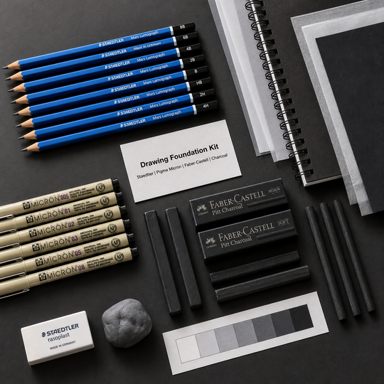 Drawing Foundation Kit with Staedtler-style pencils, Micron-style pens, charcoal, erasers and black paper