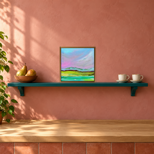 Farm life IV by Helen McCullagh in a styled digital room image. Original artwork photograph preserved; listed size 20.5 × 20.5 cm. Illustrative room scale, not an actual installation photograph. Oak-frame profile is a styling visualisation.