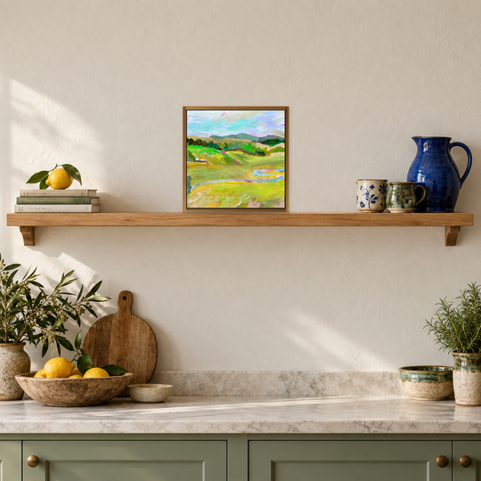 Farm life by Helen McCullagh in a styled digital room image. Original artwork photograph preserved; listed size 20.5 × 20.5 cm. Illustrative room scale, not an actual installation photograph. Oak-frame profile is a styling visualisation.