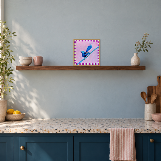 Farm life VI by Helen McCullagh in a styled digital room image. Original artwork photograph preserved; listed size 20.5 × 20.5 cm. Illustrative room scale, not an actual installation photograph. Oak-frame profile is a styling visualisation.