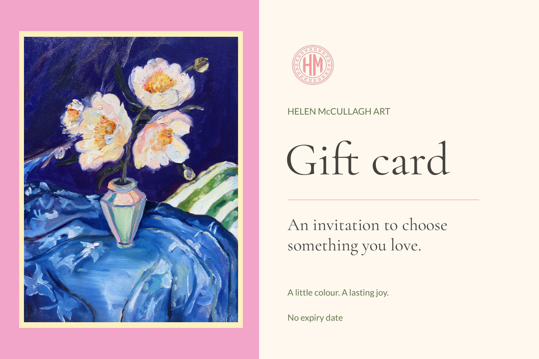 Helen McCullagh Art digital gift card with peonies, transparent HM logo and no expiry date