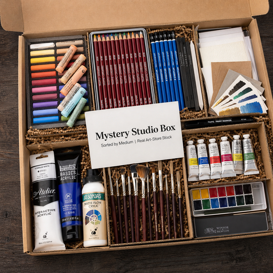 Mystery Studio Box sorted by medium with pastels, pencils, acrylics, watercolours, brushes and paper