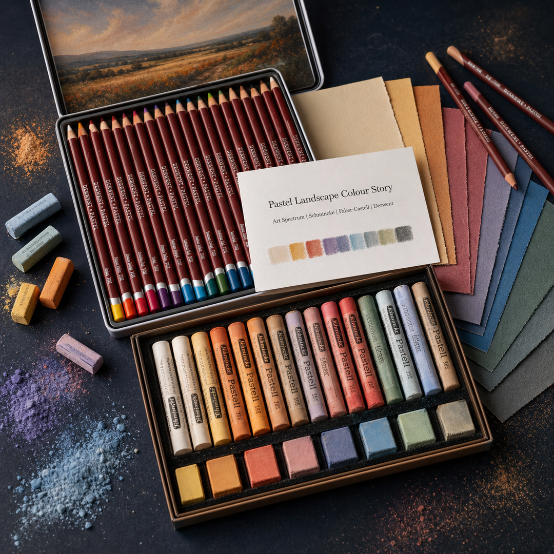 Pastel Landscape Colour Story Kit with Schmincke-style pastels, Derwent-style pencils and textured papers