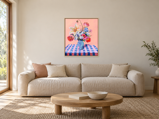 Digital room mockup of The Celebration original oil painting above a neutral sofa. Original artwork photograph preserved; framing and room scale are illustrative.