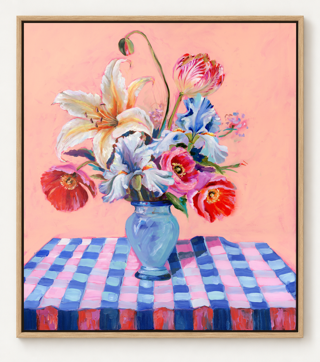 The Celebration original oil painting by Helen McCullagh, shown in a digital natural-oak float-frame mockup. The artwork photograph is unchanged.