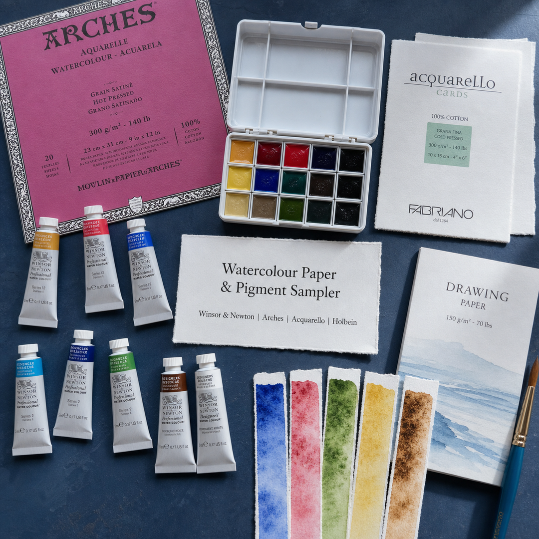 Watercolour Paper and Pigment Sampler with W&amp;N-style tubes, pans, paper samples and swatches