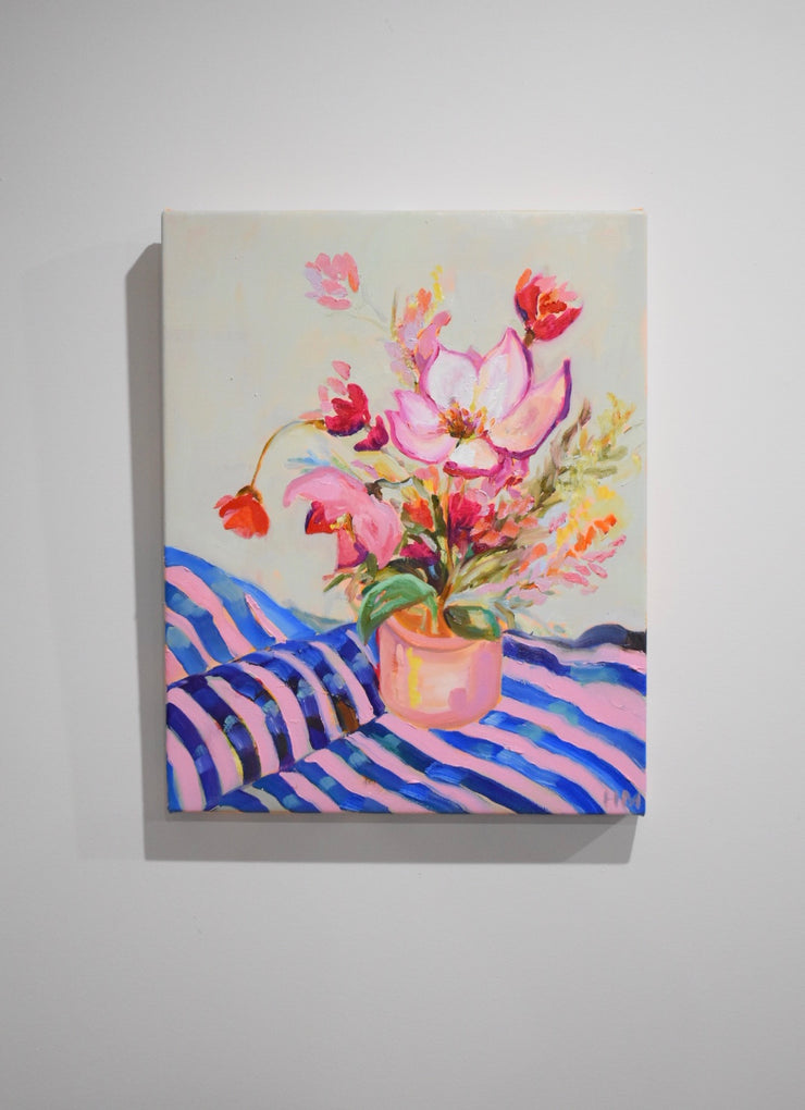 Spring flowers on blue and pink