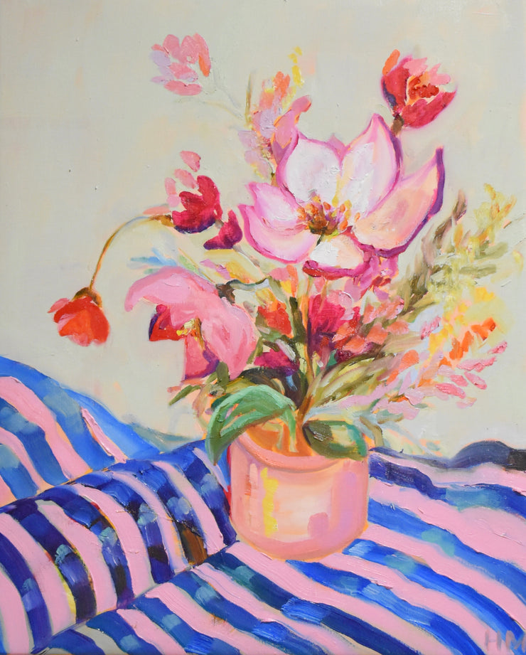 Spring flowers on blue and pink