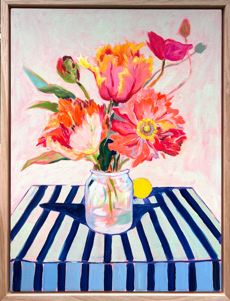Parrot tulips on blue
