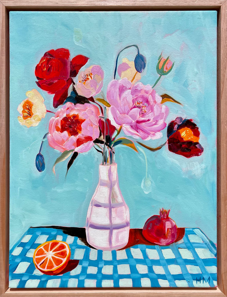 Peonies and roses on blue check