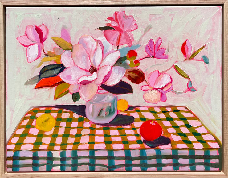 Magnolia and roses on green stripes