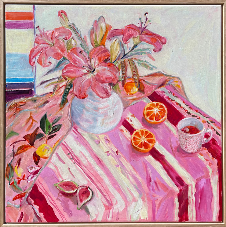 Lillies with tea, fresh orange and figs