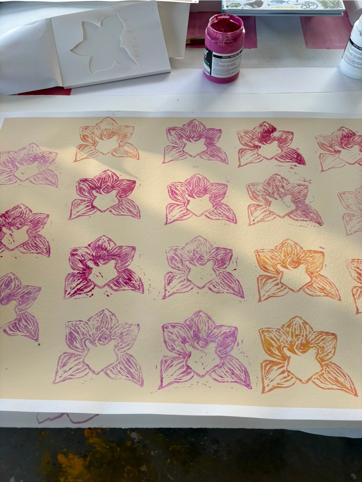 Orchid printmaking process studies on paper